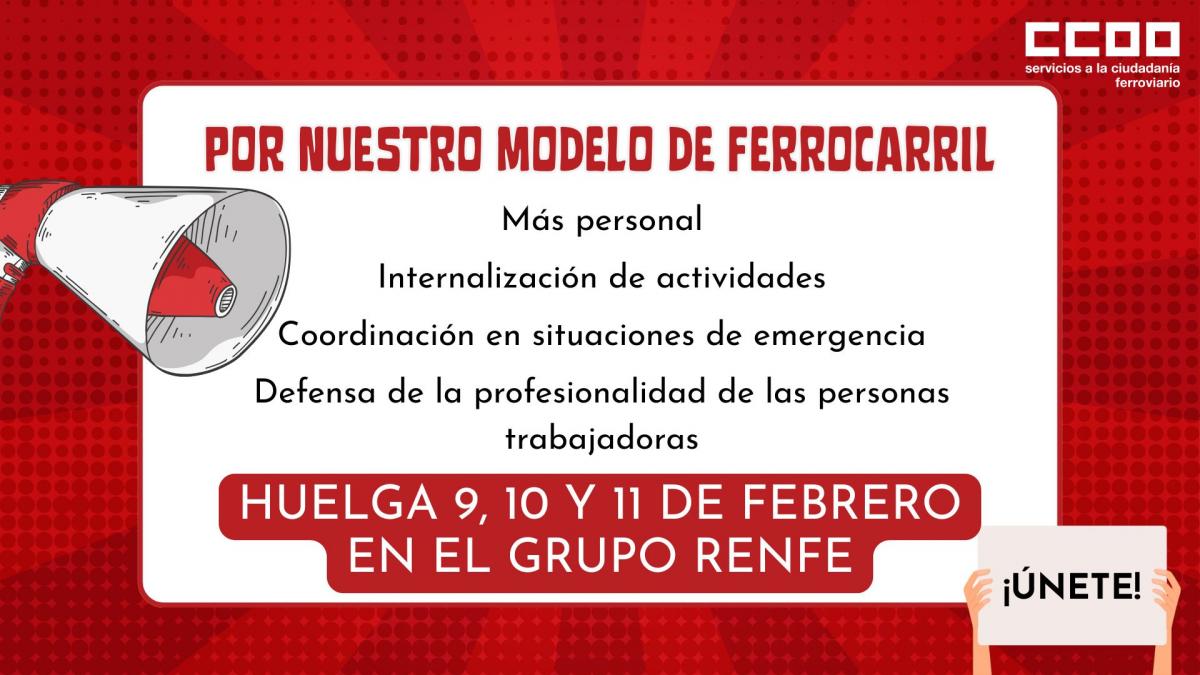 Por nuestro modelo de ferrocarril: Huelga 9, 10 y 11 de febrero en el Grupo Renfe.